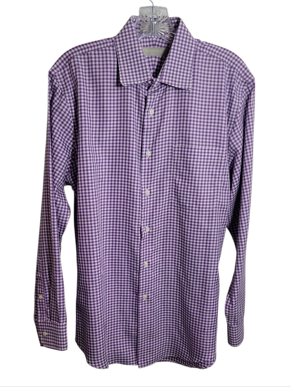 Nordstrom trim fit wrinkle free purple white gingham men's dress shirt 32-33